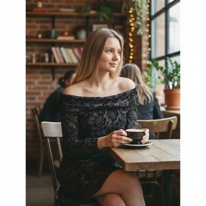 Black Velvet Rose Burnout Off Shoulder Skater Mini Dress Floral Mesh Long Sleeve